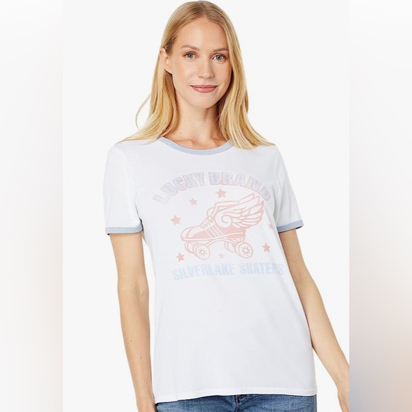 New Lucky Brand Women’s Old School 70’s Retro Silver Skaters Classic Ringer Tee - Picture 3 of 6
